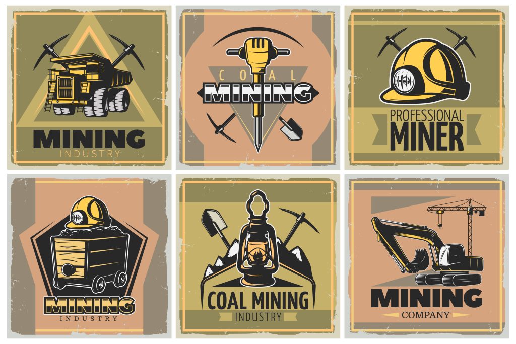 Six colorful square coal mining industry posters in retro style with machinery and professional gear elements vector illustration